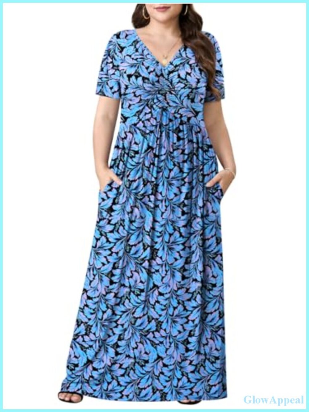 Plus Size Maxi Dress Short Sleeve V-Neck A-Line with Pockets 1X-5X